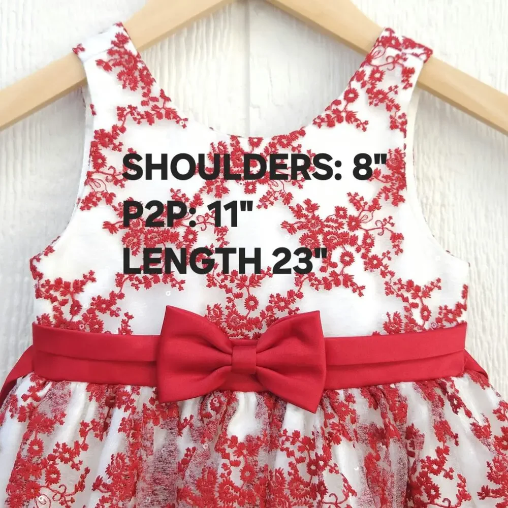 American Princess 3T Red Holiday Party Dress Floral Embroidery Tulle Formal EUC